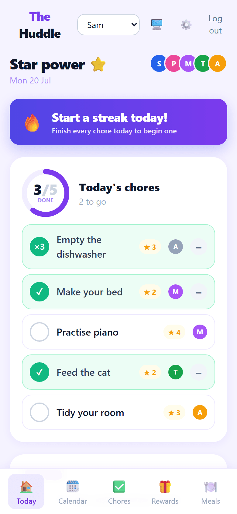 The Today screen: a progress ring showing three of five chores done, and the dishwasher marked as completed three times.