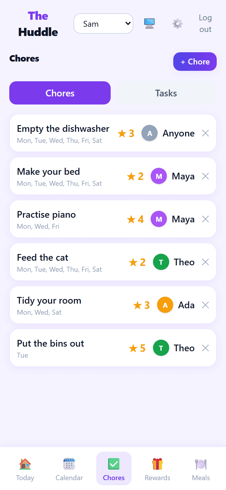 The Chores tab: each job with the days it repeats, its star value and who it belongs to.