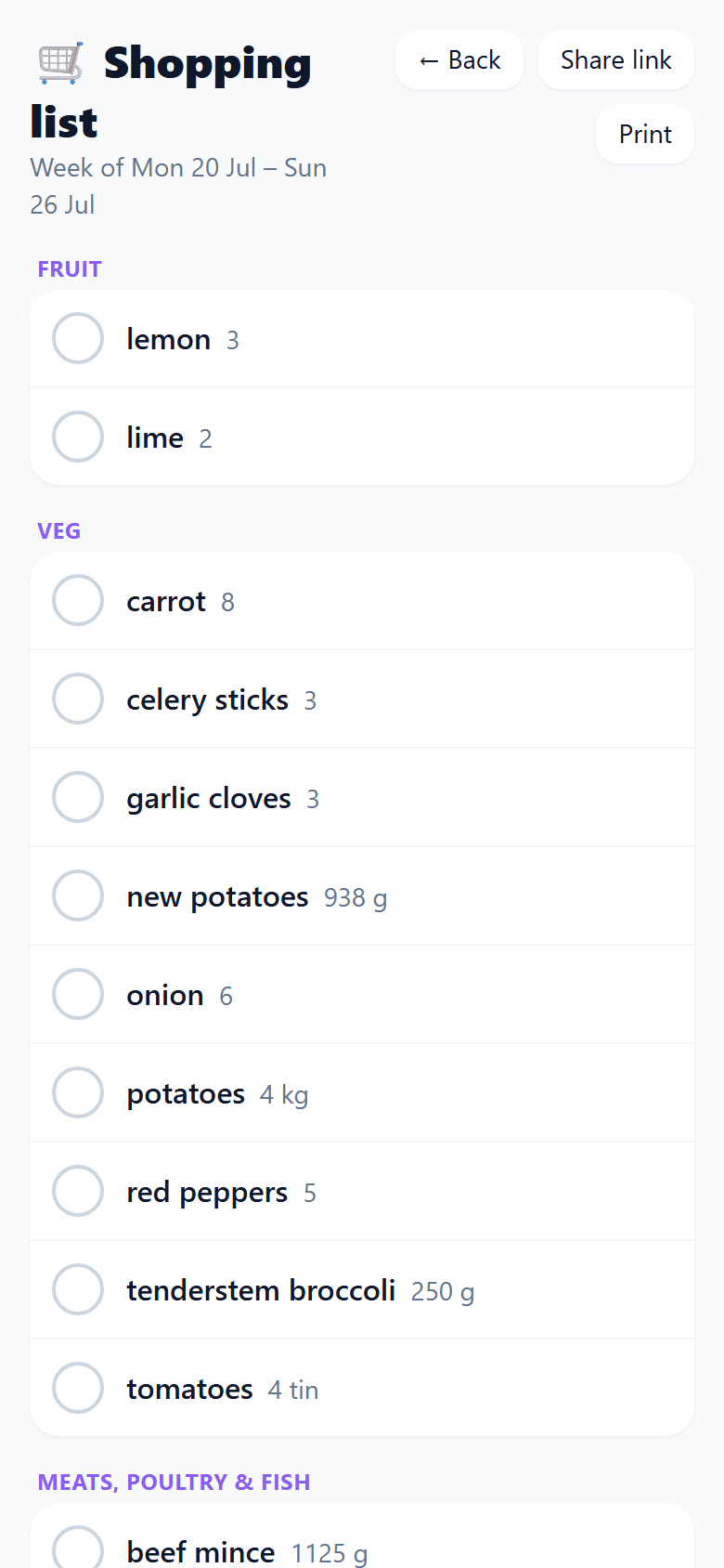 The shopping list grouped by aisle — Fruit, then Veg, then Meats — showing onion with a quantity of 6 and beef mince at 1125 g.