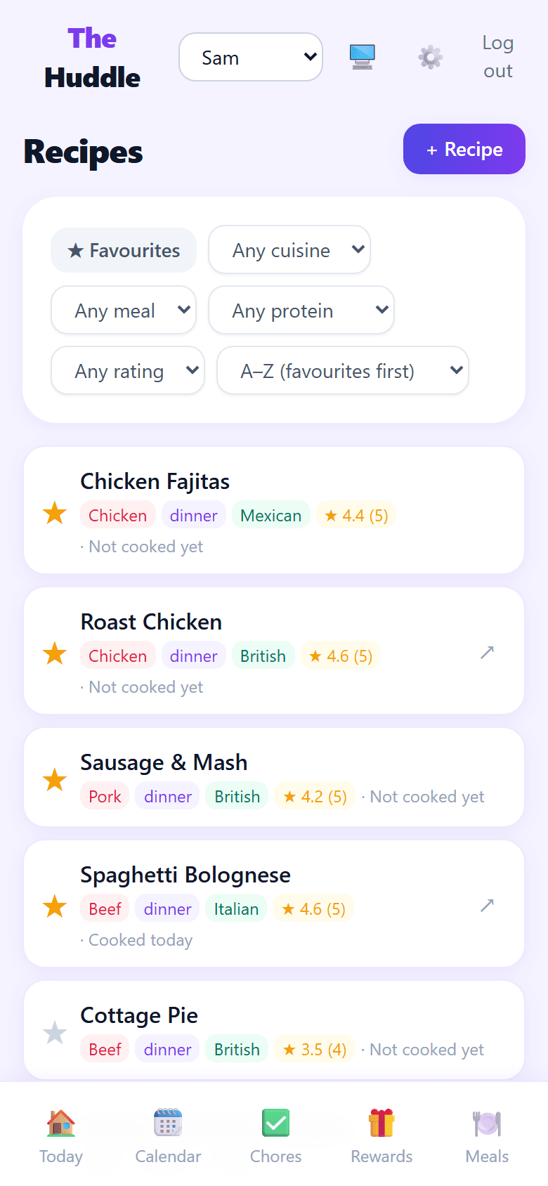 The recipe list with filters for favourites, cuisine, protein and rating, each showing its family rating and when it was last cooked.
