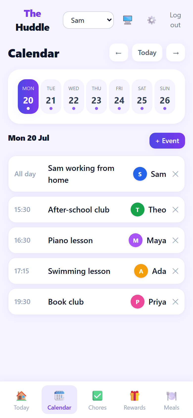 The calendar: a week strip along the top, and Monday showing five events each tagged with the family member it belongs to.