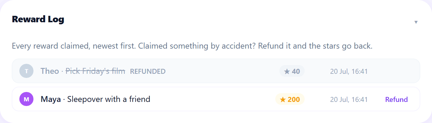 The Reward Log: a refunded claim greyed out and struck through, above a live claim that still offers a Refund button.