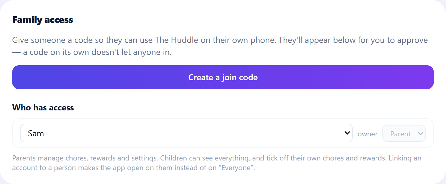 The Family access panel: a button to create a join code, and the list of who currently has access with their role.