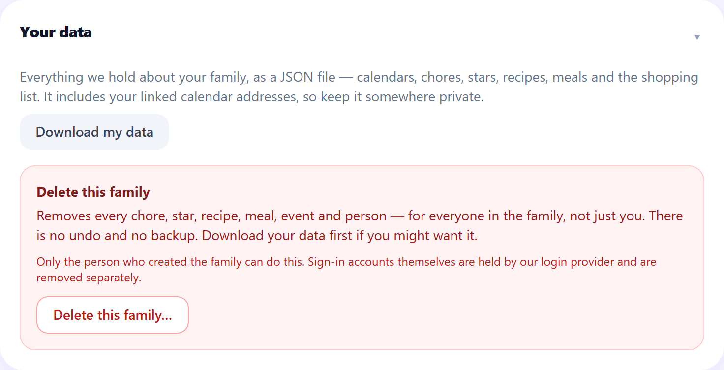 The Your data panel: a Download my data button, and a Delete this family option warning that there is no undo and no backup.
